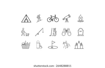 Iconos de actividades al aire libre y objetos tienda de senderismo