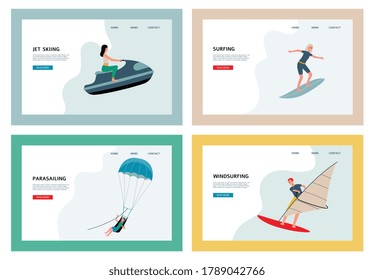 Outdoor activities on the sea or ocean. Water extreme sports. A set of flat cartoon vector illustration. Landing pages templates.