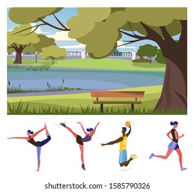 Outdoor activities in park flat vector illustration set. People doing yoga, skating on ice, playing basketball, jogging. Active lifestyle, sport, hobby concept