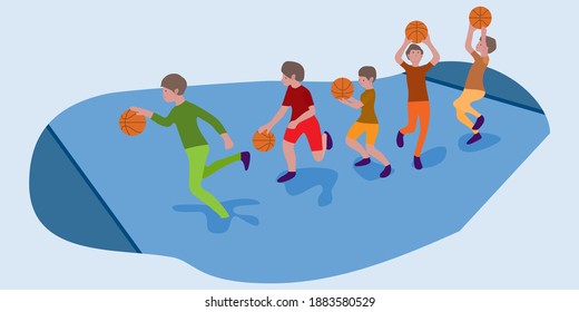 outdoor activities, playing basketball.Happy people playing basketball.Flat vector characters isolated background.