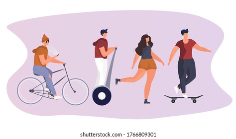 Outdoor Activities: Scooter,Skateboard, Bicycle, Roller Skates. Boy Riding Bicycle, Girl Roller Skating, Guy on Kick Scooter and Scooter. Summer Time. Flat Vector Illustration