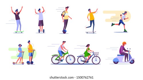 Outdoor activities set. People cycling, skateboarding, roller skating. People concept. Vector illustration for topics like activity, leisure, movement, active lifestyle
