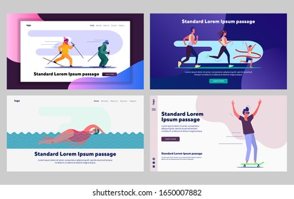 Outdoor activities set. People skiing, running marathon, swimming, skateboarding. Flat vector illustrations. Active lifestyle, fitness, sport concept for banner, website design or landing web page