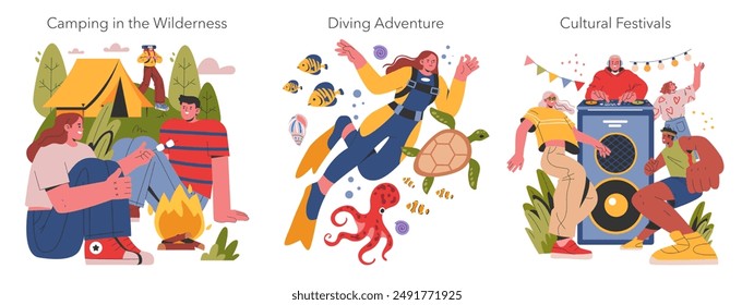 Outdoor Activities set. Scenes of camping, diving, and festival enjoyment. Toasted marshmallows, marine life exploration, and music celebrations. Vector illustration.