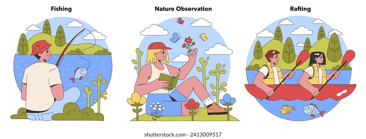 Outdoor Activities set. Serene fishing, focused nature study, adventurous rafting. Leisure pursuits in nature's lap. Flat vector illustration.