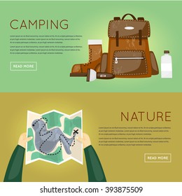Outdoor activities. Summer adventure. Mountain, hiking equipment, camping. Card in a human hand. Banners. Vector illustration and flat icons.