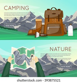 Outdoor Activities. Summer Adventure. Mountains Background, Hiking Equipment, Camping, Adventures In Nature, Sports. Banners. Vector Illustration And Flat Icons.