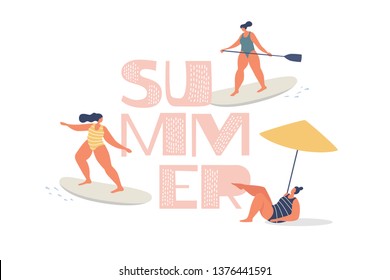 Outdoor activities in the summer at sea. Cute girls in swimsuits ride surfing, sup-surfing and sunbathe on the beach. Leisure time outdoors. Vector illustration in trendy flat style.