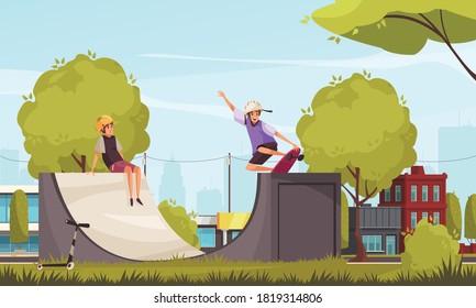 Outdoor activities with urban district scenery and characters of teenagers skating on skate park quarter pipe vector illustration