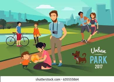 Outdoor activities in urban park. Happy family with kid, runners couple, Vector background