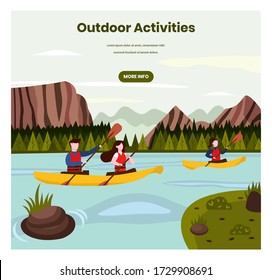 Outdoor activities vector web banner template. Young couple paddling, rowing in kayak boat, retro flat style design illustration. Kayaking, canoeing, extreme water sports activities, summer adventure.