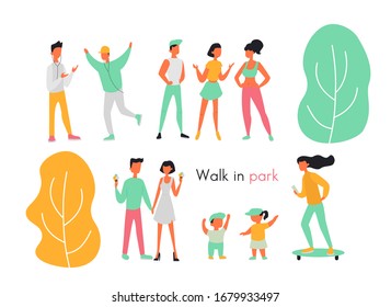 Outdoor activities and walks in park flat design style vector graphic illustration set