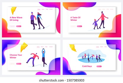 Outdoor Activities Website Landing Page Set. Happy People at Park Performing Figure Skating on Frozen Pond at Winter Day. Christmas Holidays Spare Time Web Page Banner. Flat Vector Illustration