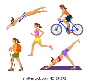 Outdoor Activities for Woman. Healthy Active Lifestyle. Woman Swimming, Trekking, Running, Jogging, Cycling, Doing Yoga