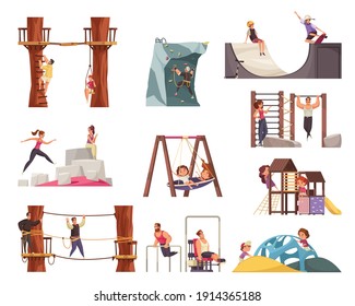 Outdoor activities workout set with rope park training ground and playground equipment images with human characters vector illustration