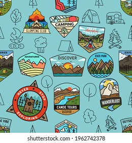 Outdoor Activity And Adventure Vector Seamless Pattern Design. Hiking Wallpaper