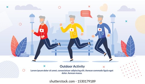 Outdoor Activity for Aged People Motivate Poster. Cartoon Happy Old Senior Men Running Marathon. Grey-Haired Smiling Male Characters in Sportswear Jogging. Active Health Life. Vector Flat Illustration