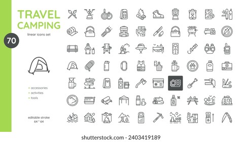 Outdoor Activity and Camping Vector Icons Set - Tents, Wildlife, Trails, Campfires, and Equipment. Editable Linear Collection Including GPS, Thermos, Raincoat, Hiking Gear, Smores and Travel Furniture