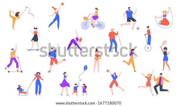 野外活動 スポーツやスポーツをするキャラクター 屋外での健康活動 ライディングキックスクーター ローラースケート サイクリングベクター画像アイコンセット キャラクターアクティビティスポーツ バドミントンイラスト のベクター画像素材 ロイヤリティフリー