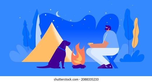 Outdoor activity concept - man, dog, campfire, tent, night, coffee. Vector illustration.