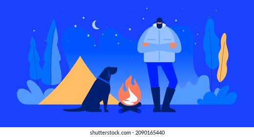 Outdoor activity concept - man, dog, campfire, tent, night, snow. Vector illustration.