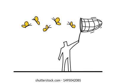 Outdoor activity concept. A man is trying to catch up butterflies with a net.