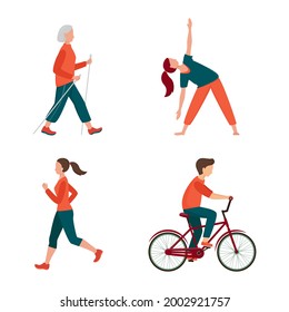Outdoor activity. Different people set isolated on white. Male and female have outdoor activity. Jogging, riding bicycle, nordic walking, outdoor yoga. Recreation, sport vector illustration