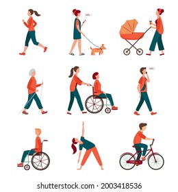 Outdoor activity. Different people set isolated on white. Flat characters walking with dog, mom with pram, wheelchair woman. Jogging, riding bicycle, nordic walking, outdoor yoga. Recreation vector