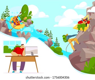 Outdoor activity and extreme sports, people cartoon character rafting and climbing, vector illustration. Office worker planning vacation trip, active lifestyle and adventures in nature, extremal hobby