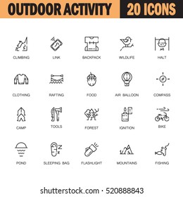 Outdoor activity flat icon set. Collection of high quality outline symbols of camping for web design, mobile app. Vector thin line icons or logo of rafting, forest, campfire, mountains, etc.