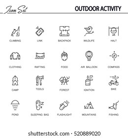 Outdoor activity flat icon set. Collection of high quality outline symbols of camping for web design, mobile app. Vector thin line icons or logo of rafting, forest, campfire, mountains, etc.