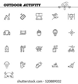 Outdoor activity flat icon set. Collection of high quality outline symbols of camping for web design, mobile app. Vector thin line icons or logo of rafting, forest, campfire, mountains, etc.