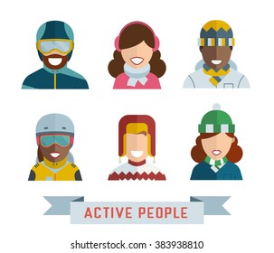 Outdoor activity guy and girl icons. Active people avatar set. Active man and woman in sportswear. Multinational world people in winter and spring clothes. People different races.