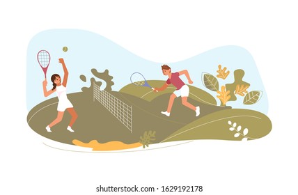 Outdoor Activity, Healthy Lifestyle, Summer Leisure Concept. Male and female tennis players on Green Meadow in Park. Flat Art Vector illustration
