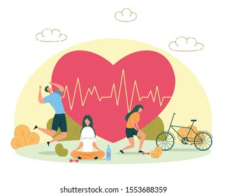 Outdoor Activity for Heart Health, Healthy Lifestyle and Fitness Training Flat Vector Concept. Active Man Ans Women Riding Bicycle, Running, Meditating or Practicing Yoga in City Park Illustration