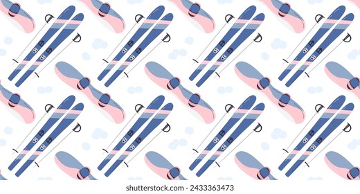 Outdoor activity horizontal seamless background. Gift decoration paper cross pattern design. Ski, ski poles and snowboard inventory concept. Winter extreme sports hand drawn flat vector illustration