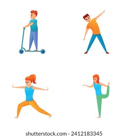 Outdoor activity icons set cartoon vector. People doing sport. Active lifestyle