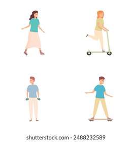 Outdoor activity icons set cartoon vector. Teenager doing physical exercise. Fitness or physical training