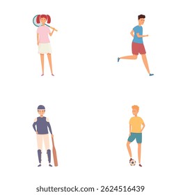 Outdoor activity icons set cartoon vector. Teenager doing physical exercise. Fitness or physical training