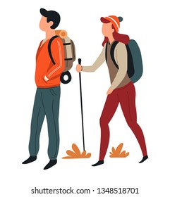 Outdoor activity man and woman hiking with backpacks vector couple active pastime walking trip tourism and traveling sport and recreation backpacking or camping wild nature trekking husband and wife