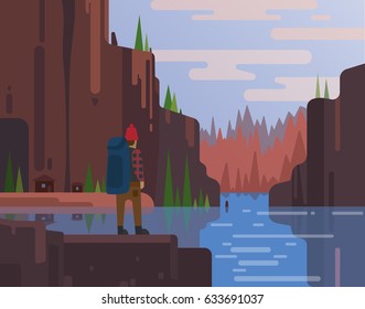 Outdoor activity on mountain landscape and lake. High green mountains landscape with blue sky. Spectacular view for poster or web banner. Modern flat realistic design. Vector illustration art.
