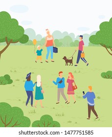 Outdoor activity on nature, people walking in park. Mother and son, guy with dog, couples and friends among trees and bushes on green meadow. Funny spending time on harvest festival. Flat cartoon