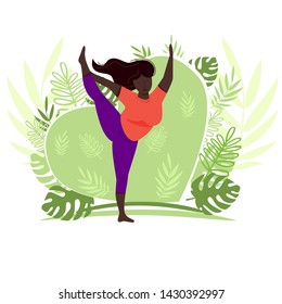 Outdoor activity. Overweight woman XXL engaged in sports in nature. Yoga for a healthy lifestyle. Exercises to strengthen muscles and stretch. The green heart and the tropical leaves on the background