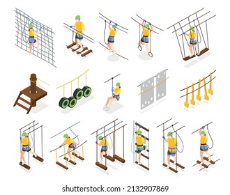 Outdoor activity park isometric icons set of people walking through ropewalk obstructions isolated vector illustration