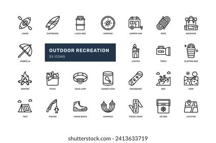 outdoor activity recreation leisure nature sport detailed outline line icon set