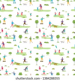Outdoor activity seamless pattern. Cartoon characters walking peoples and kids vector illustration