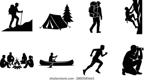 Outdoor activity silhouettes collection featuring hiking, camping, climbing, canoeing, running, and wildlife observation icons