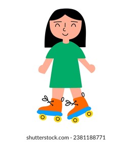 Outdoor activity. Smiling girl roller skating. Flat design. Vector hand drawn illustration on white background.