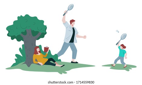 Outdoor activity or sport, father and son playing badminton in park on weekend vector. Mother reading book under tree, rackets and shuttlecock. Meadow and nature, sporting equipment, trees and bushes