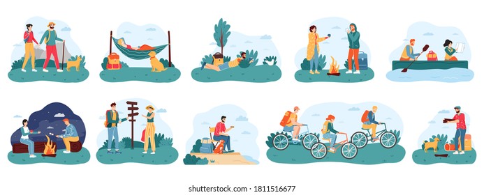 Outdoor activity tourism. Camping and hiking adventure travel, male and female active tourists, nature camping trip vector illustration icons set. People sitting near campfire, riding bikes